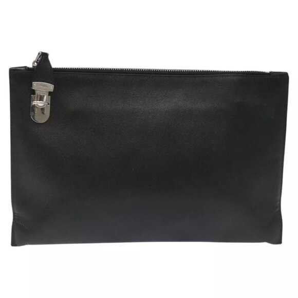 PRADA Clutch Bag Safiano Leather Black Silver Auth - Picture 1 of 16
